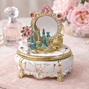 Bejeweled Vanity Trinket Jewelry Box w Mirror Floral Decor